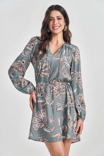 Vestido Curto Manga Longa em Viscose com Amarração