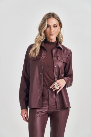 Camisa Manga Longa em PU com Botões Frontais