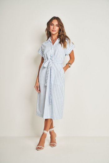 Vestido Midi Listrado com Manga Curta e Amarração